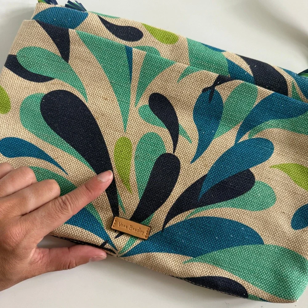 Vera Bradley Wristlet Clutch Blue Green Abstract Fringe Canvas Bag